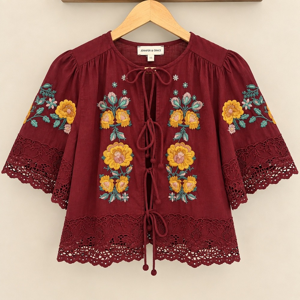Jennifer & Grace Festival Embroidered Tie Front Lace Trim Cotton Top XS Fairy
